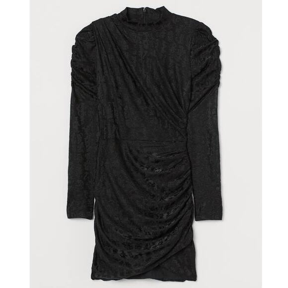 NWT H&M Patterned Long Sleeve Stand Collar Draped Mini Dress Black Women's XS - Picture 1 of 6